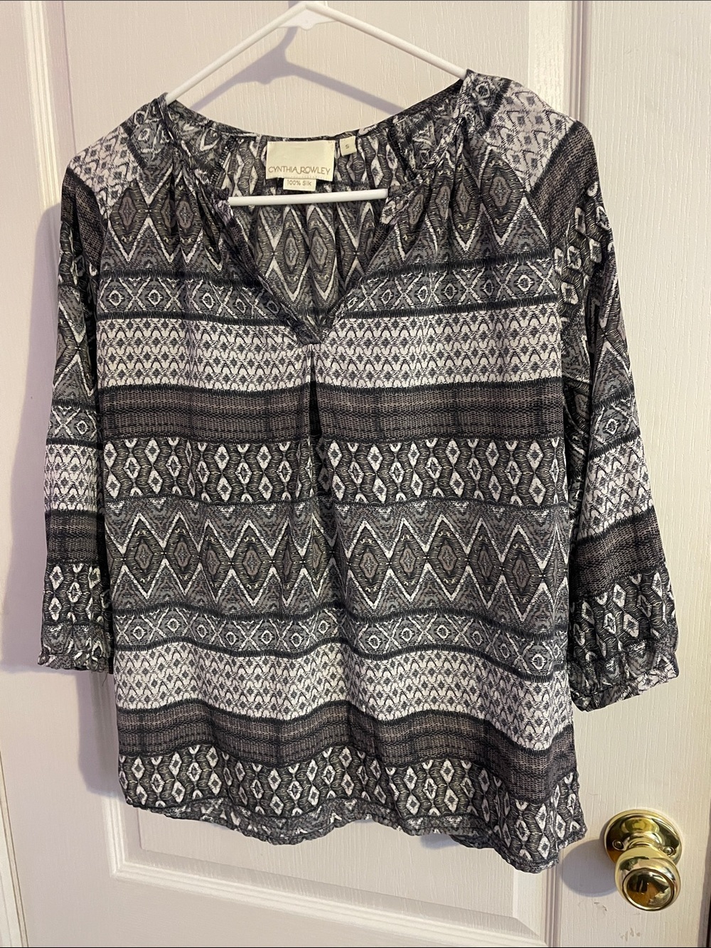 Cynthia Rowley Geometric Silk V-Neck Blouse